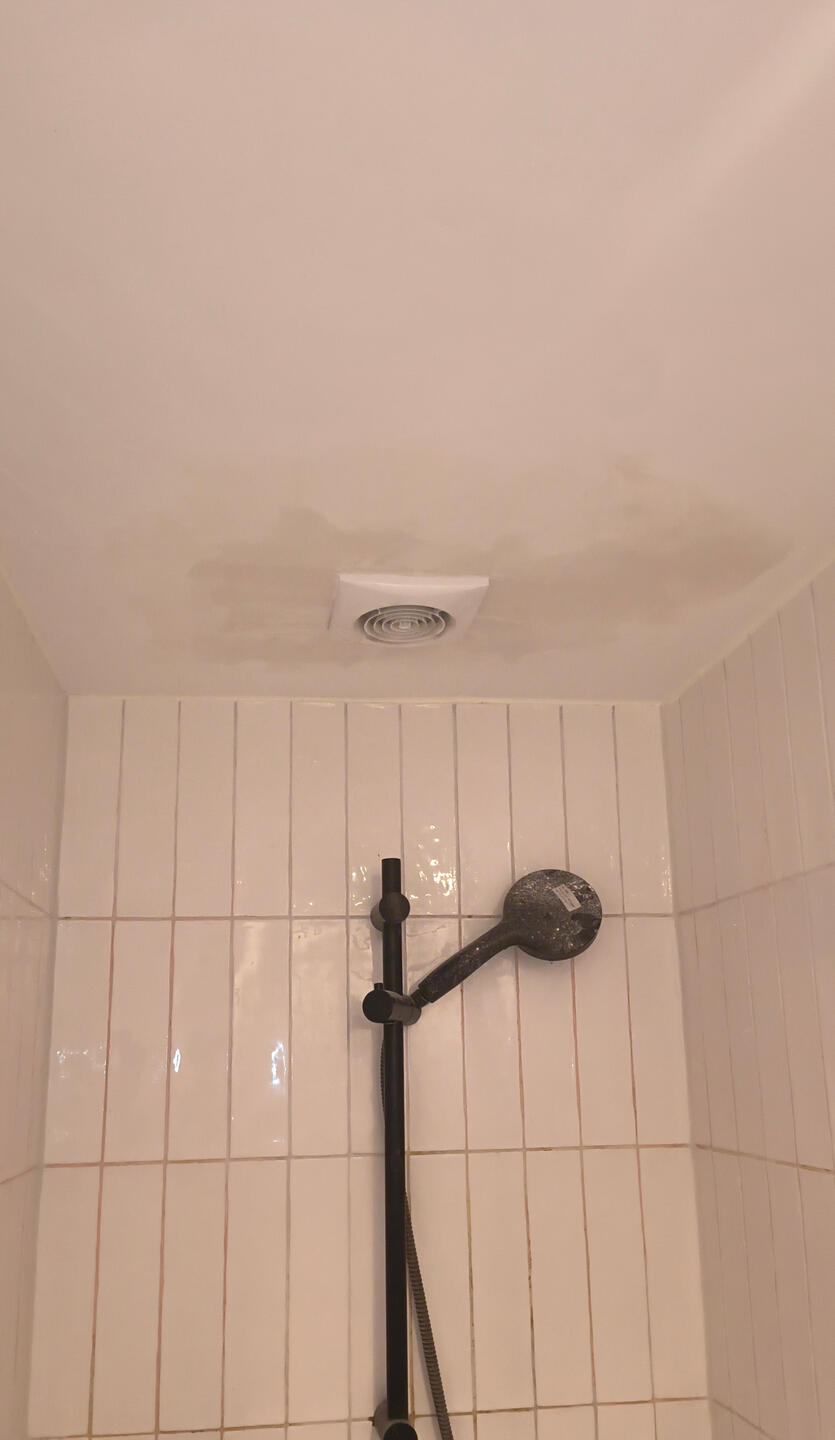 Situatie na: na onderzoek bleek dat ventilatiebuis los lag in de tussenruimte tussen plafond en dak. Buis opnieuw vastgezet aan ventilatieschacht, rachelwerk gemaakt voor ventilator en stucwerk opnieuw gedaan.